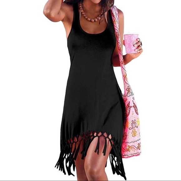 Beach Black Dress Fringe Cover Up Racerback - Picture 4 of 12